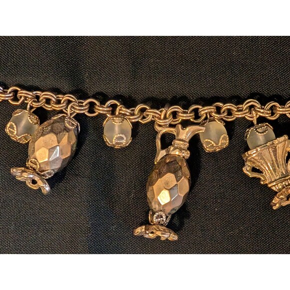 Vintage Charm Bracelet 5 Pitchers Ewers Vases Charms & 6 Frosted Beads - 7" Long - Picture 3 of 9